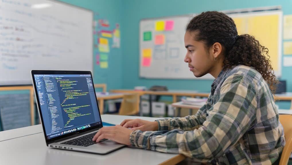 Young woman coding on a laptop in a modern classroom, surrounded by colorful learning materials and whiteboards. Focused on programming, showcasing online website tools and resources.
