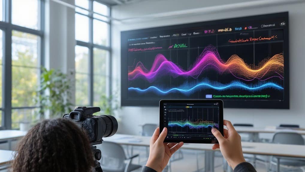 Bright modern conference room with large window, showcasing a person recording colorful data visualizations on a large screen with a tablet, emphasizing digital tools and analytics in a professional setting.