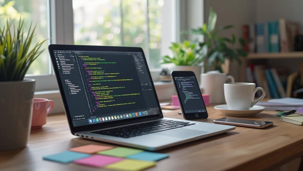 A laptop and smartphone displaying code on a wooden desk with plants, coffee cups, notebooks, and colorful sticky notes in a bright home office environment, ideal for web development and programming.