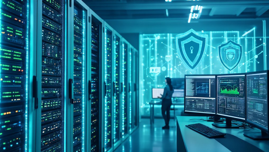 Cloud data center with security icons, multiple servers and cybersecurity monitors, representing website tools and online security solutions.