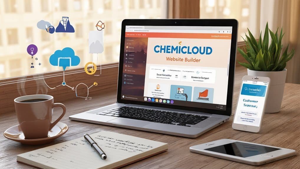 Chemicloud Easy Website Setup With Expert Assistance 2 Cloud-based website builder platform showcasing Chemicloud on laptop and mobile; workspace includes coffee, notebook, pen, and potted plant for productivity and modern design.