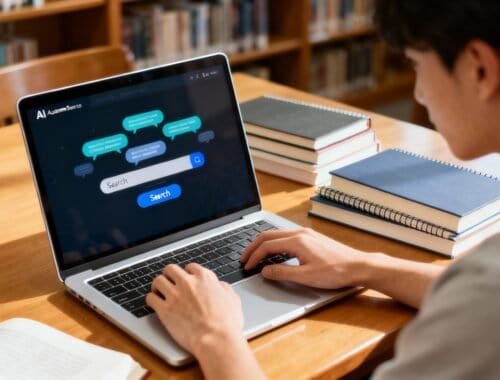 AI Search interface on a laptop in a library setting.