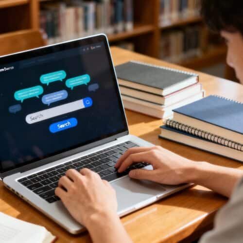 AI Search interface on a laptop in a library setting.