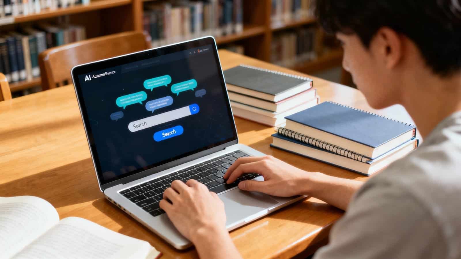 AI Search interface on a laptop in a library setting.
