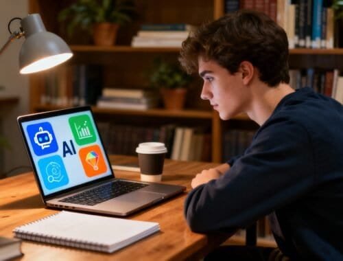 AI technology concepts displayed on a laptop screen in a cozy study setting with bookshelves.