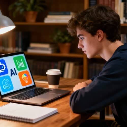 Free AI Productivity Tools for University Students 9 AI technology concepts displayed on a laptop screen in a cozy study setting with bookshelves.