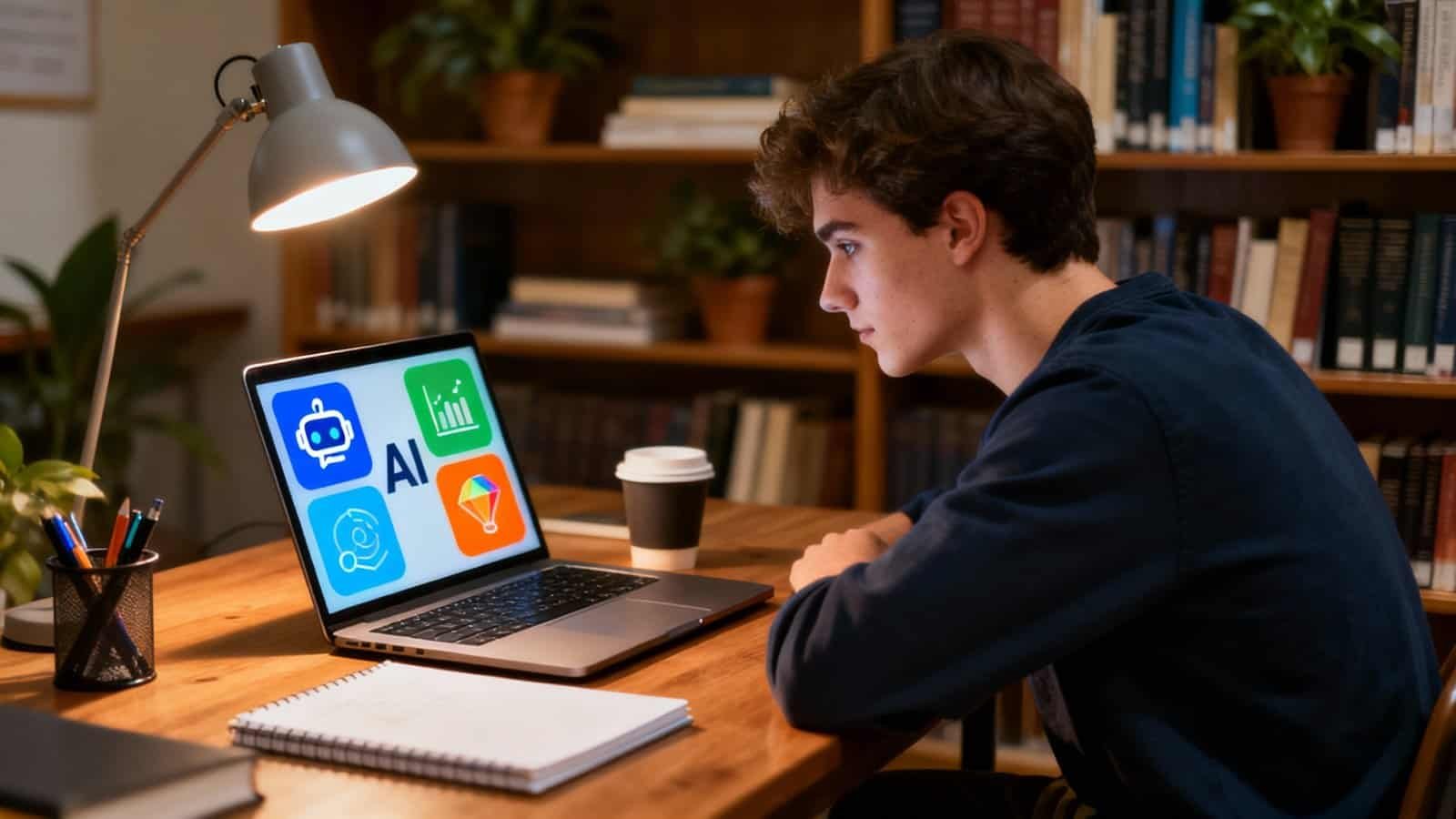 AI technology concepts displayed on a laptop screen in a cozy study setting with bookshelves.