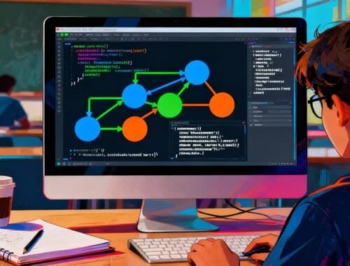 A student working on programming or software development at a computer with a flowchart of code on the monitor in a classroom setting.
