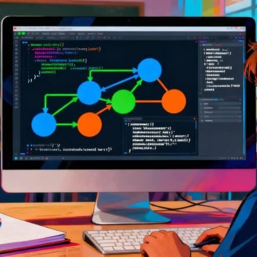 A student working on programming or software development at a computer with a flowchart of code on the monitor in a classroom setting.