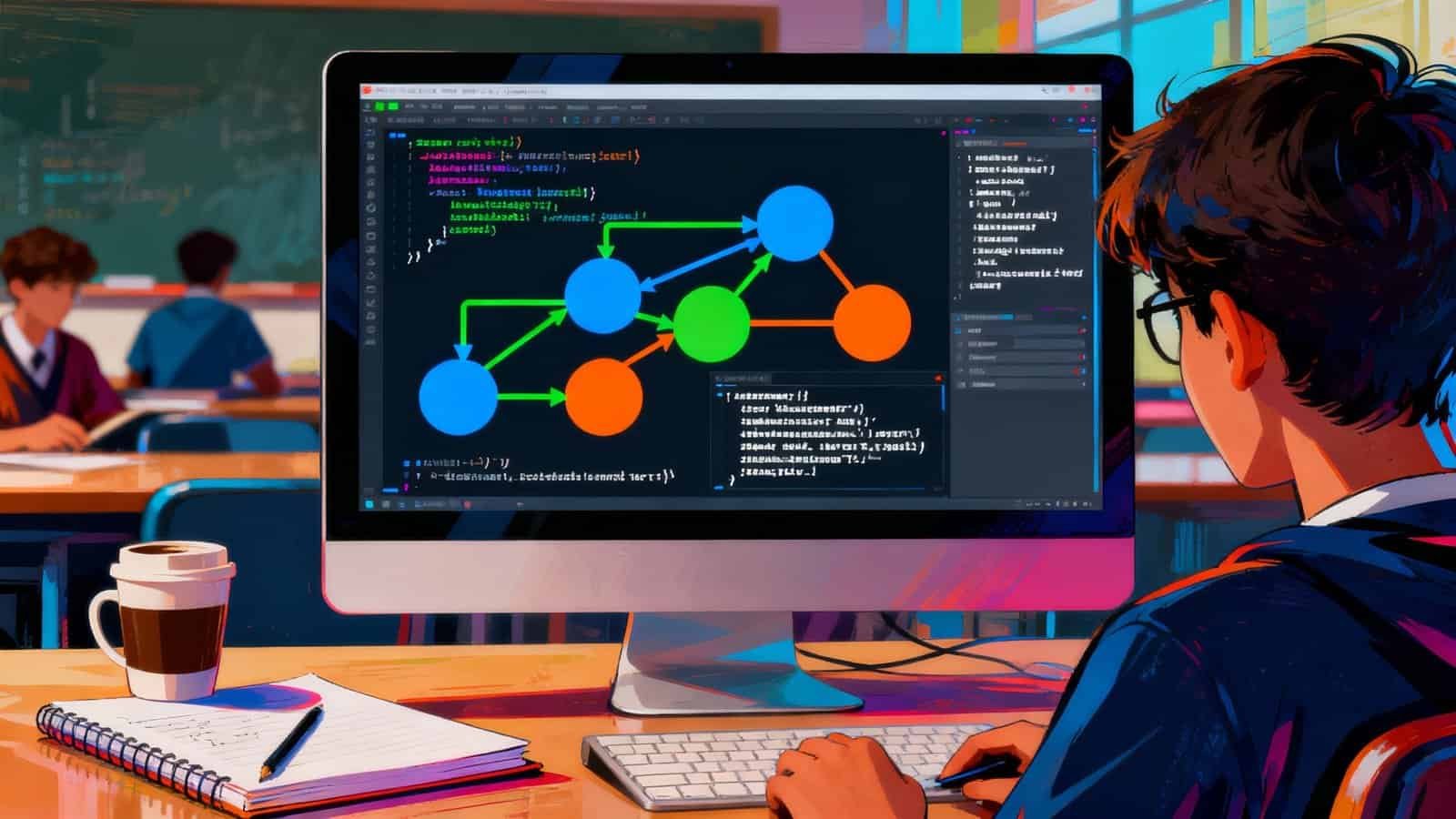 Free AI Code Explainer for Students Learning Algorithms 1 A student working on programming or software development at a computer with a flowchart of code on the monitor in a classroom setting.