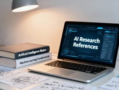 AI research references displayed on a laptop screen with books titled "Artificial Intelligence Basics" and "Machine Learning Fundamentals" on a desk illuminated by a desk lamp.