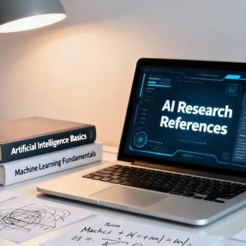 Free AI Bibliography Manager for Students 6 AI research references displayed on a laptop screen with books titled "Artificial Intelligence Basics" and "Machine Learning Fundamentals" on a desk illuminated by a desk lamp.