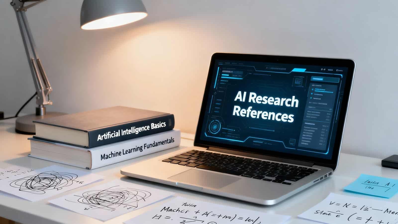 AI research references displayed on a laptop screen with books titled "Artificial Intelligence Basics" and "Machine Learning Fundamentals" on a desk illuminated by a desk lamp.