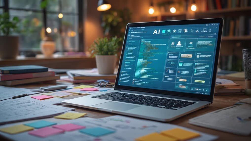 AI-powered laptop displaying a digital dashboard for website tools and products, set on a cluttered desk with office supplies and potted plants, in a cozy, well-lit workspace.