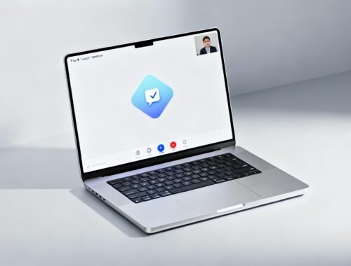 1. Laptop displaying a messaging app with a blue checkmark icon on the screen.
