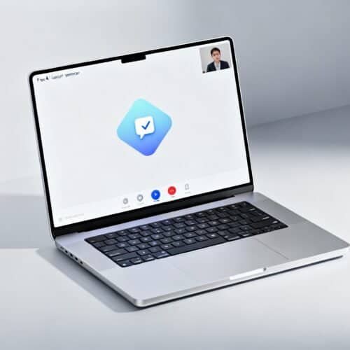 1. Laptop displaying a messaging app with a blue checkmark icon on the screen.