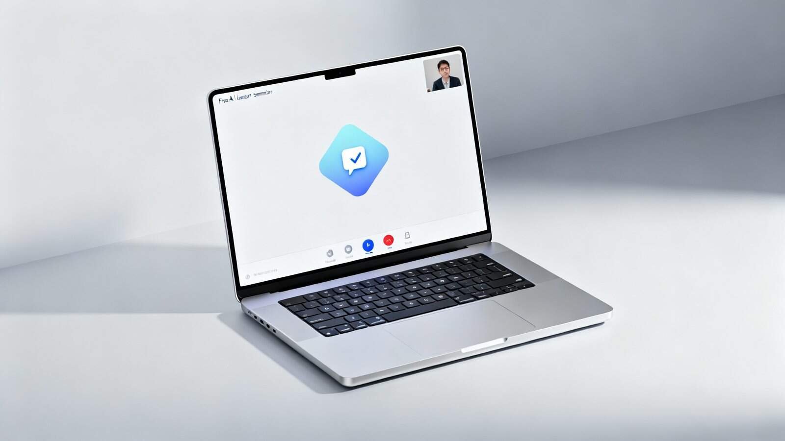 Free AI Lecture Summarizer for Zoom and Google Meet 1 1. Laptop displaying a messaging app with a blue checkmark icon on the screen.