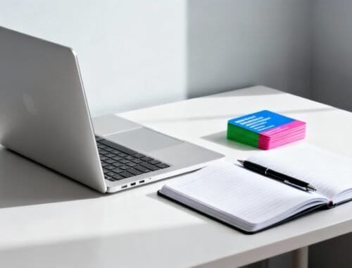 A minimalistic workspace featuring a silver MacBook, an open spiral notebook with a pen, and colorful sticky notes in front of a window with natural light. Perfect for productivity and website tools discussions.