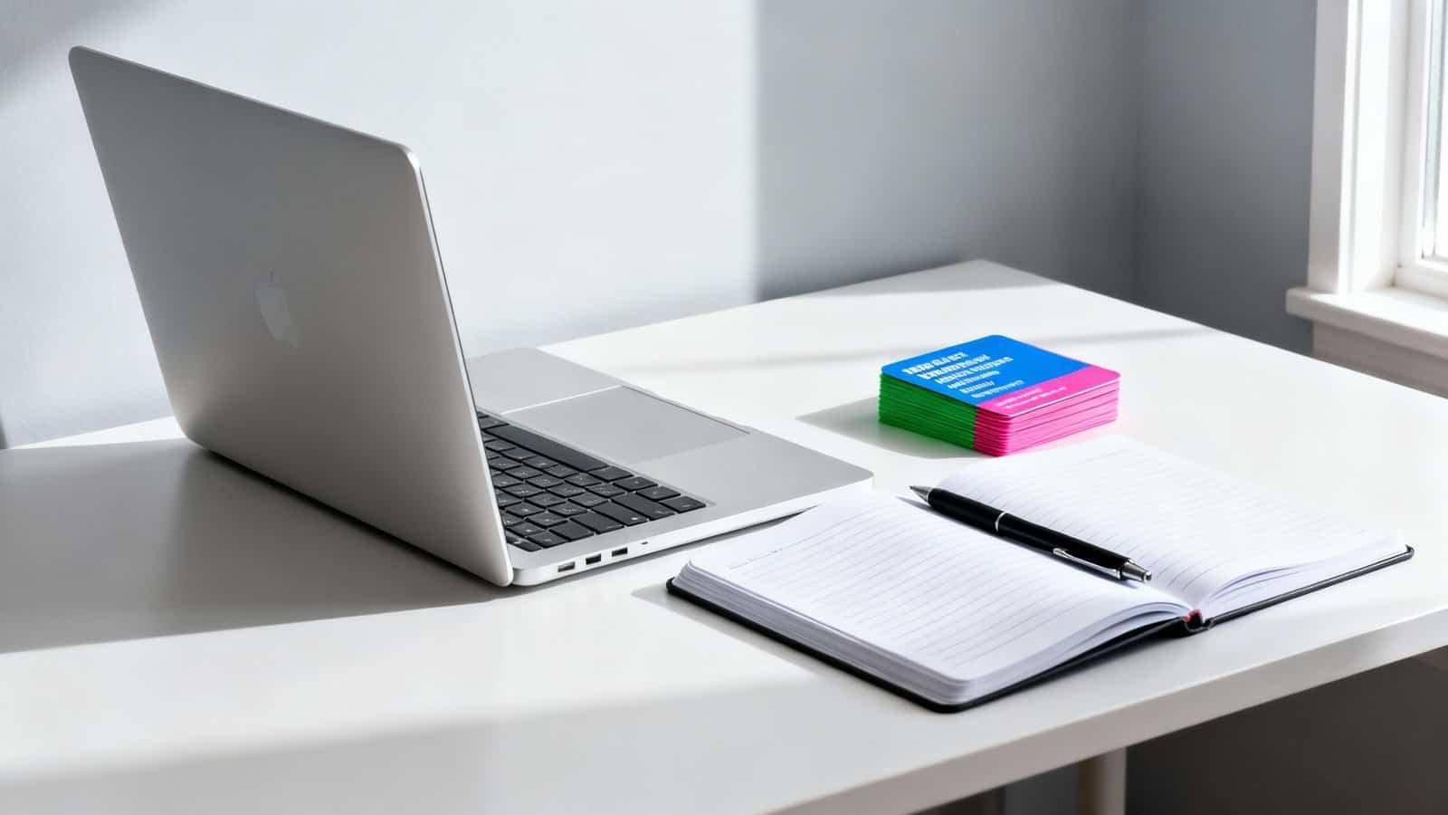 A minimalistic workspace featuring a silver MacBook, an open spiral notebook with a pen, and colorful sticky notes in front of a window with natural light. Perfect for productivity and website tools discussions.