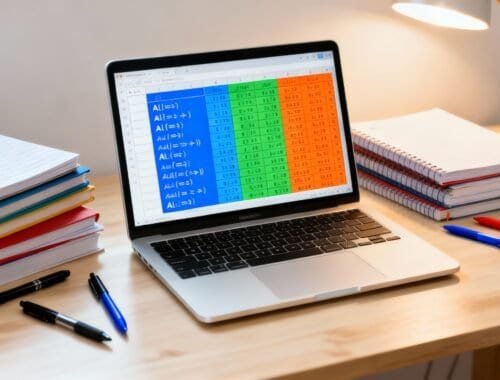 A colorful spreadsheet with formulas shown on a laptop screen, surrounded by notebooks and pens on a wooden desk.