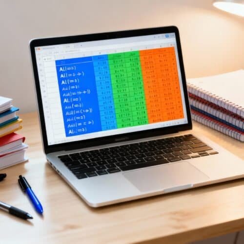 A colorful spreadsheet with formulas shown on a laptop screen, surrounded by notebooks and pens on a wooden desk.