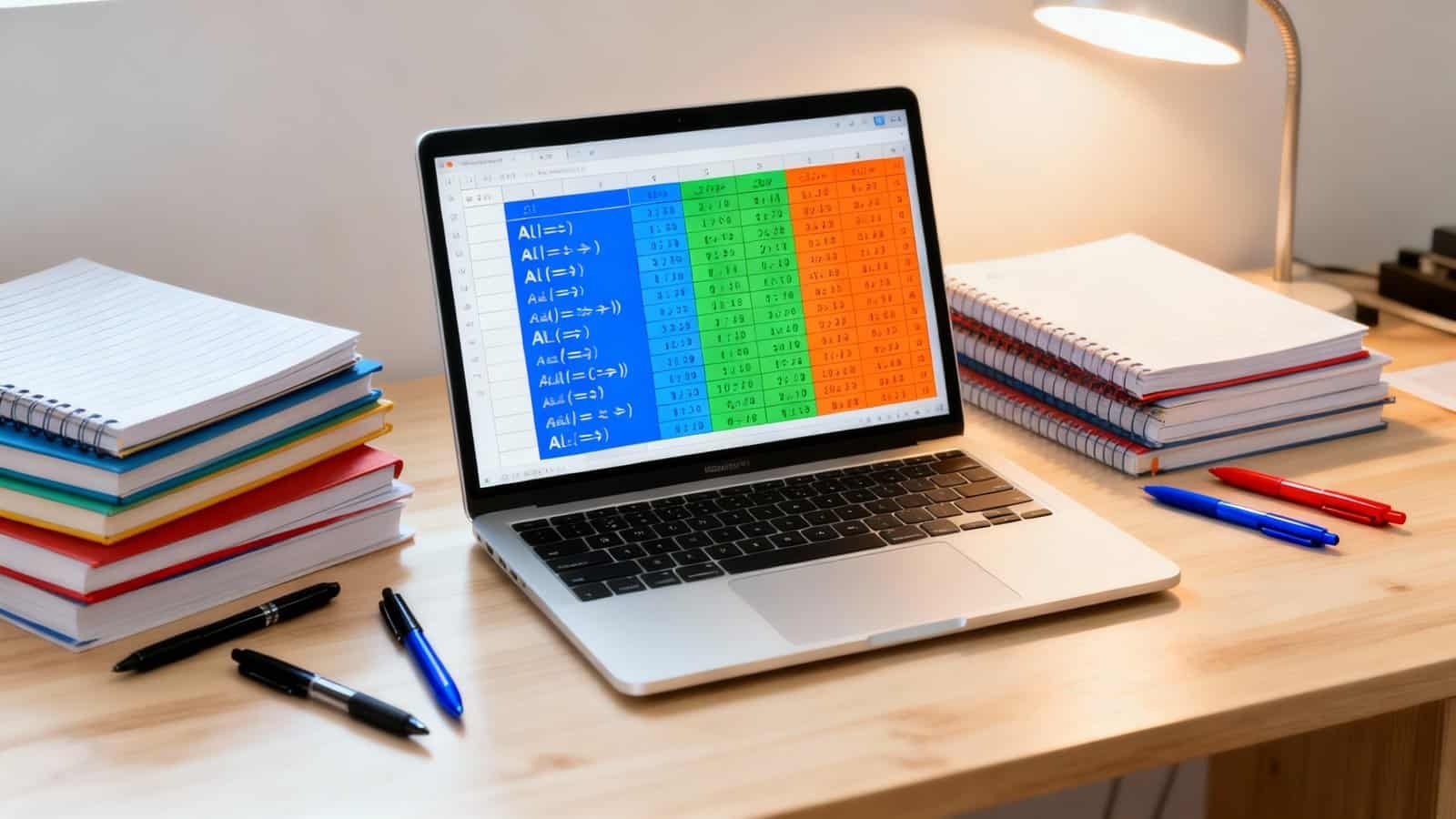 A colorful spreadsheet with formulas shown on a laptop screen, surrounded by notebooks and pens on a wooden desk.