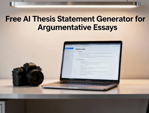 AI thesis statement generator for argumentative essays displayed on a laptop screen with a camera on a modern desk.