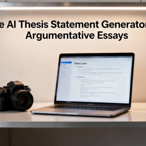 AI thesis statement generator for argumentative essays displayed on a laptop screen with a camera on a modern desk.