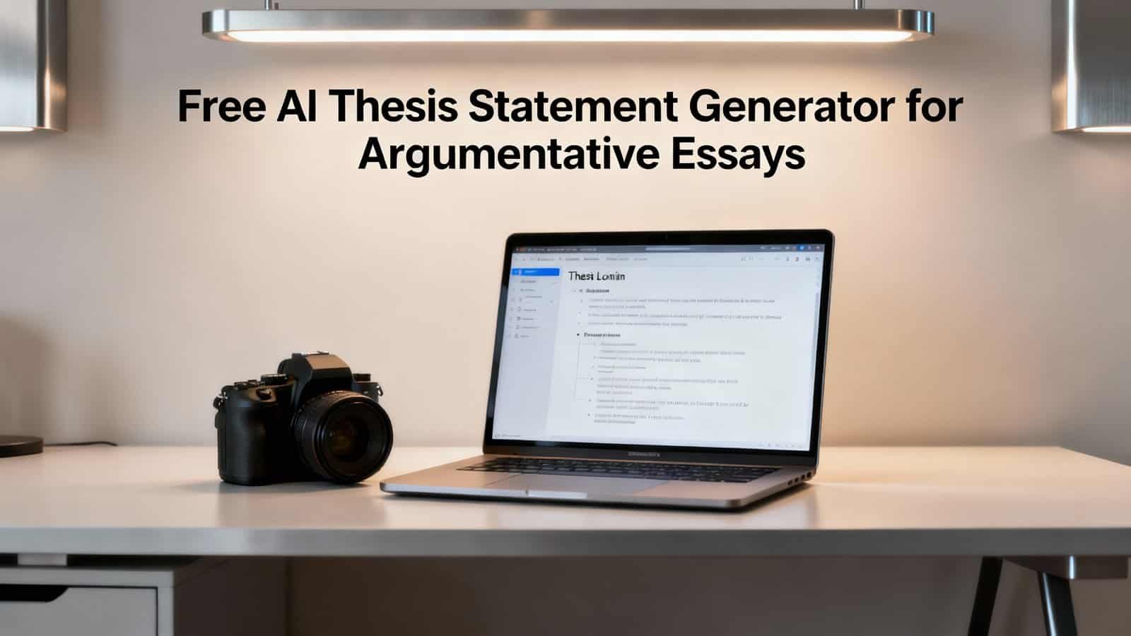AI thesis statement generator for argumentative essays displayed on a laptop screen with a camera on a modern desk.
