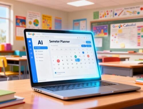 AI-powered semester planner displayed on a laptop in a colorful classroom, helping students organize their schedules efficiently.