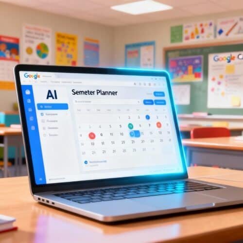 AI-powered semester planner displayed on a laptop in a colorful classroom, helping students organize their schedules efficiently.
