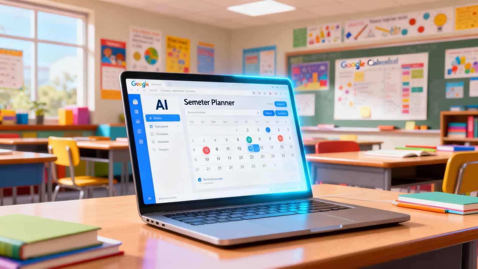 AI-powered semester planner displayed on a laptop in a colorful classroom, helping students organize their schedules efficiently.