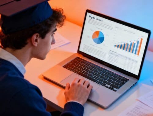 Young man wearing a graduation cap analyzing digital marketing data on a laptop screen with charts and graphs, working in a modern office setting.