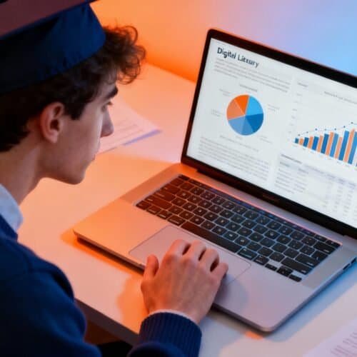 Young man wearing a graduation cap analyzing digital marketing data on a laptop screen with charts and graphs, working in a modern office setting.