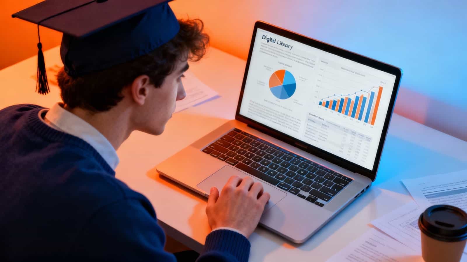 Young man wearing a graduation cap analyzing digital marketing data on a laptop screen with charts and graphs, working in a modern office setting.