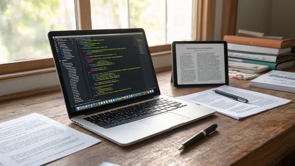 1. Open laptop displaying coding screen, with documents, pen, and tablet on a wooden desk, showcasing website development and digital work setup.