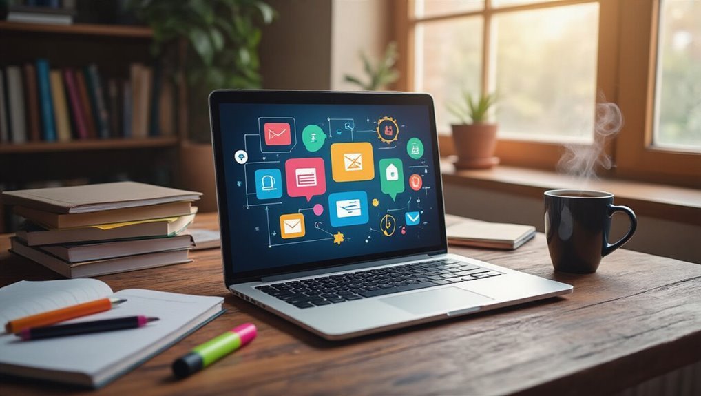 Accessible digital tools for website management, productivity, and design displayed on a laptop screen in a cozy, well-lit workspace with books, notebooks, and a coffee mug.