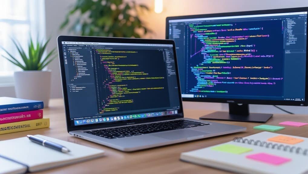 Efficient coding environment with dual monitors displaying programming code and debug tools, organized workspace with notes and sticky notes for web development projects.