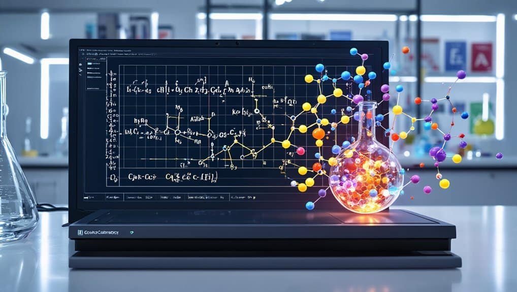 A digital science lab featuring a laptop displaying chemical formulas and molecular structures, with colorful 3D chemical models emerging from a glass flask, symbolizing advanced scientific research.