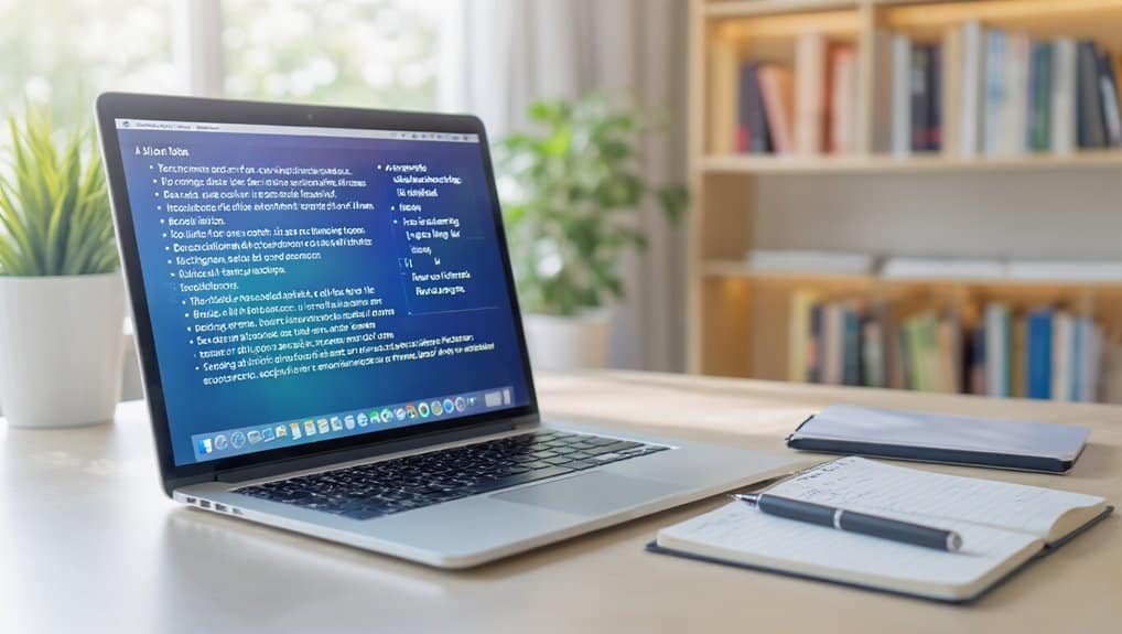 Efficient laptop on a desk displaying website tools and products guide, with notebooks and books in the background, ideal for digital resources and tool recommendations.
