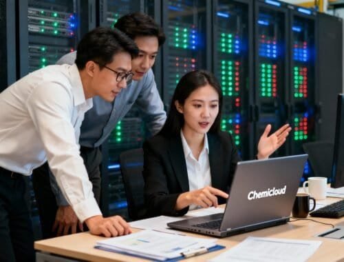 Fast server racks with LED indicator lights in a data center.