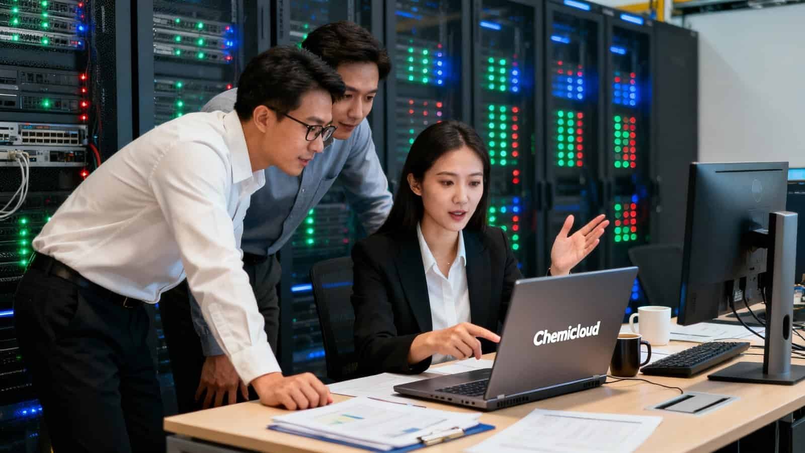 Chemicloud Managed Migrations and Hands On Support 1 Fast server racks with LED indicator lights in a data center.