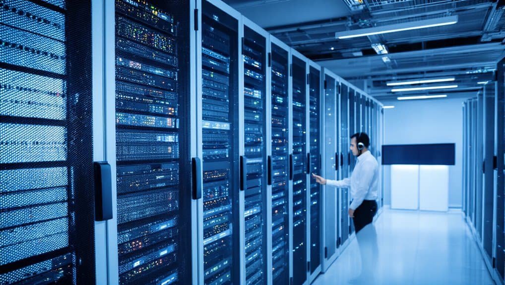 Chemicloud Hosting With Fastest Support Response Times 3 Data center server racks with a technician managing equipment in a modern, high-tech environment.