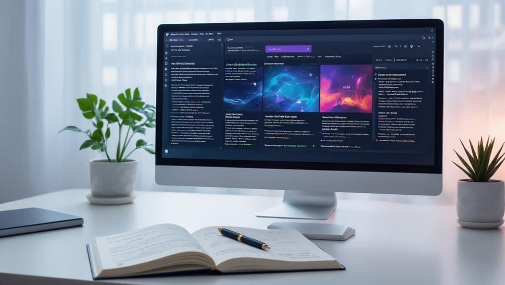 A computer monitor showcasing various website tools and management features, surrounded by notebooks, a pen, and potted plants on a clean, modern desk.