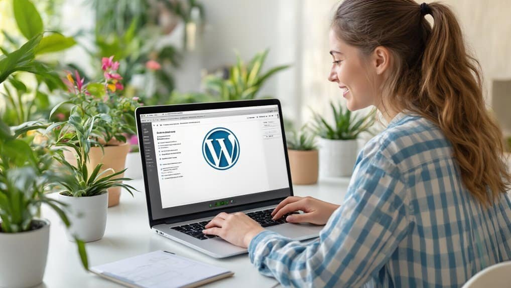 A woman working on a laptop displaying the WordPress logo, surrounded by potted plants, in a bright and cozy home workspace.