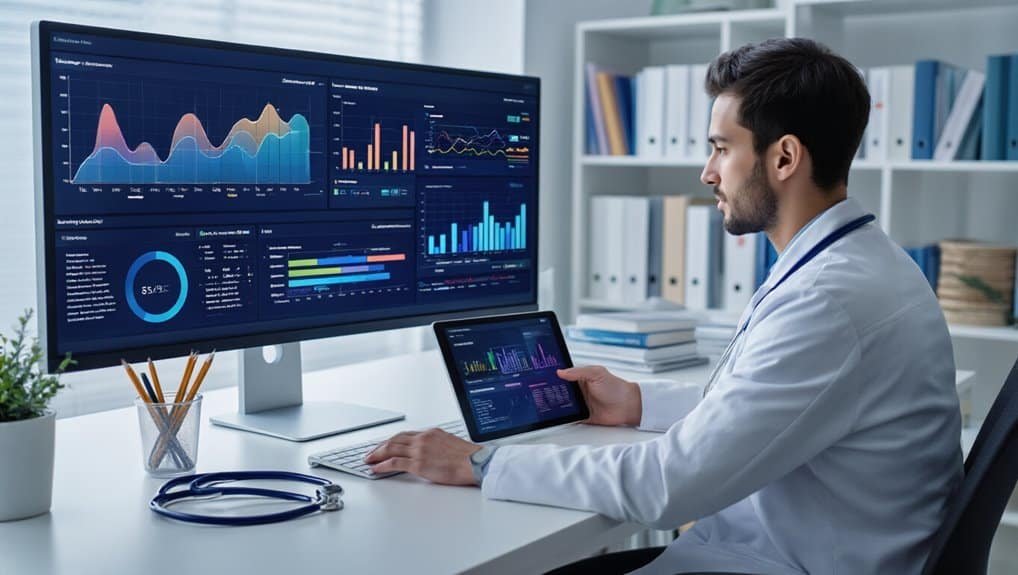 1. Doctor analyzing healthcare data on dual screens with charts and graphs, in a modern medical office setting.