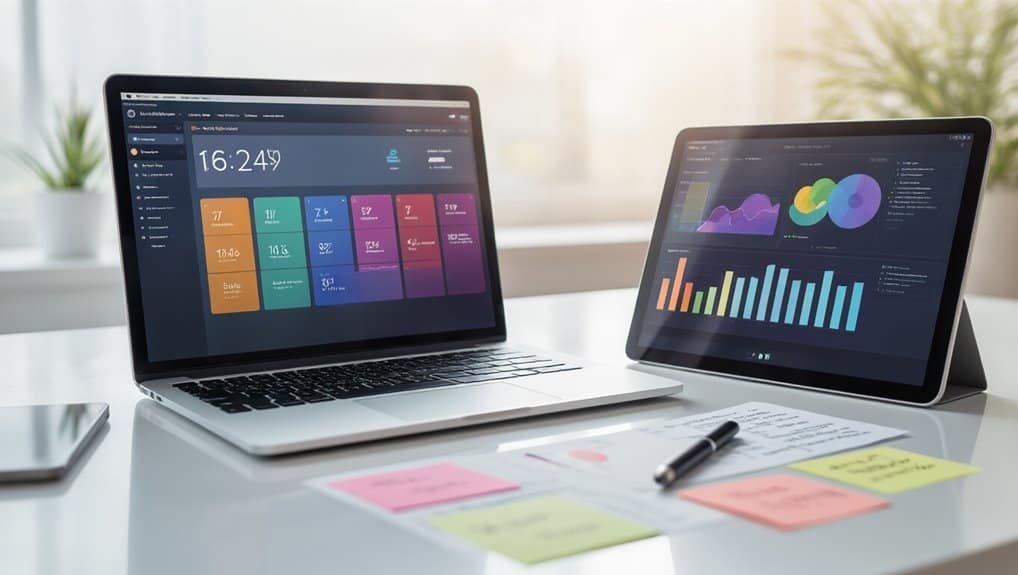 Real-time data analytics on laptops with colorful dashboards, charts, and graphs for business and website optimization.
