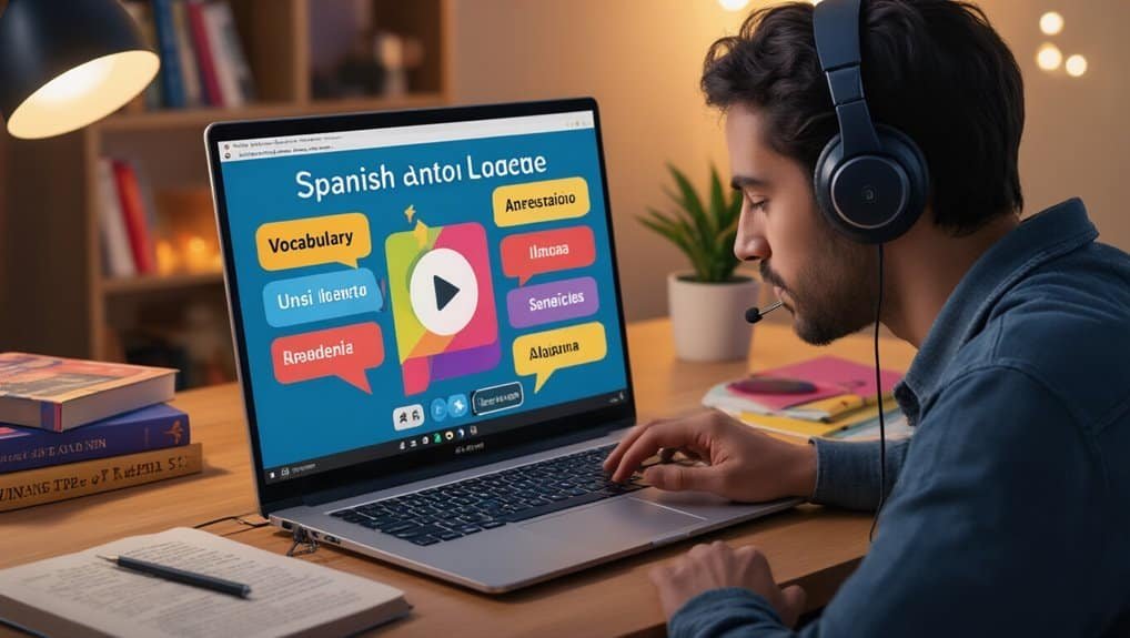A young man with headphones using a laptop to learn Spanish online, featuring colorful vocabulary flashcards on the screen, in a cozy room study setting.