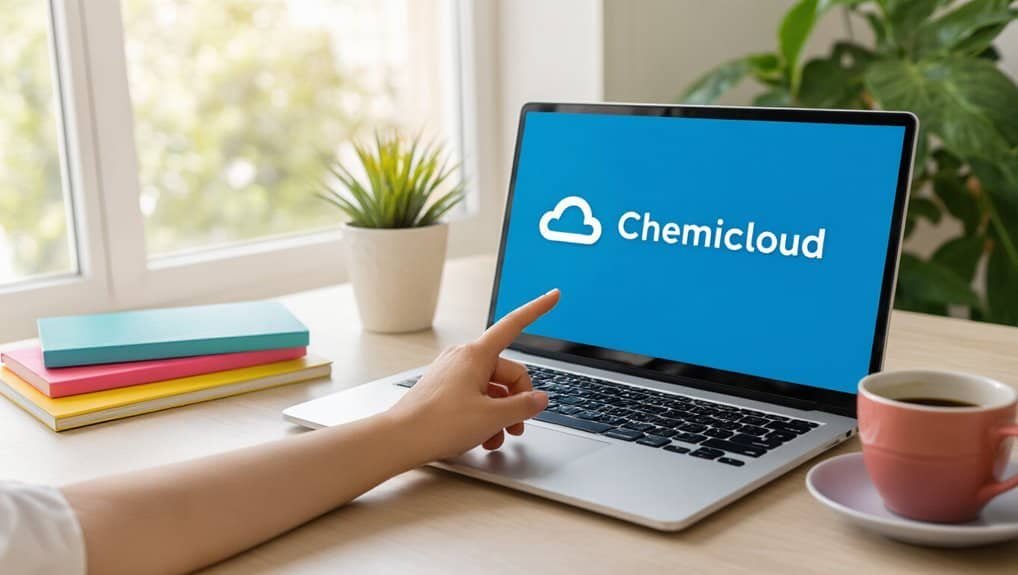 Cloud computing, Chemicloud logo on laptop screen, modern workspace with potted plant and coffee, showcasing cloud hosting services and tools, clean and inviting home office setup, emphasizing reliable website solutions.