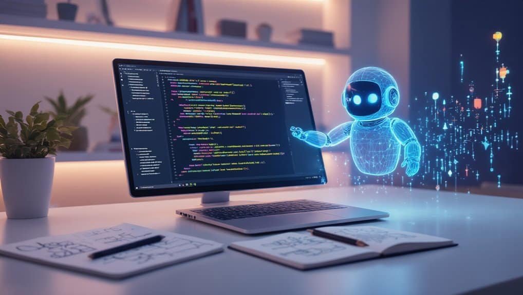Interactive AI robot coding on laptop screen, futuristic technology, digital data streams, and programming code, modern workspace, AI integration, innovation in web development, artificial intelligence tools.
